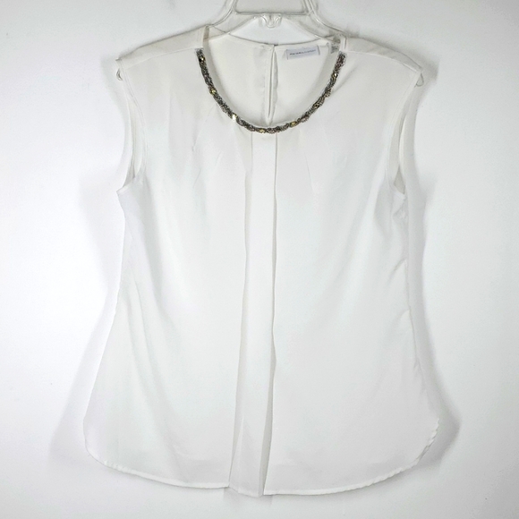 New York and Co White Sleeveless Embellished Neckline Dress Blouse S EUC - Picture 1 of 10